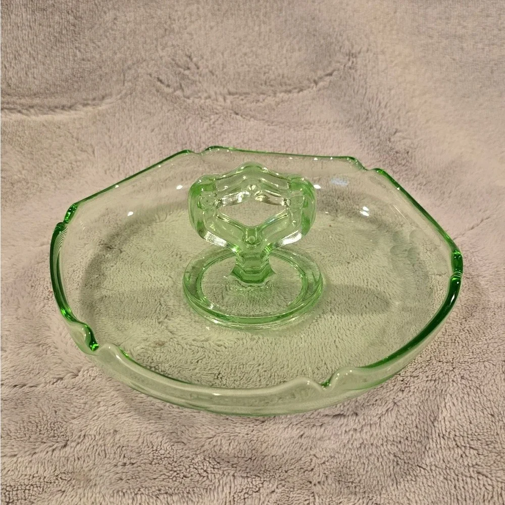 Vintage Uranium Glass Floral Etched Heart‎ Handle Ashtray/Candy Dish